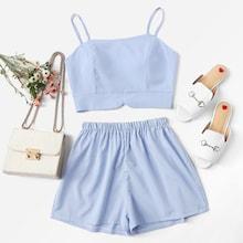 Romwe Solid Crop Cami Top With Shorts