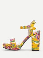 Romwe Calico Embroidery Block Heeled Sandals
