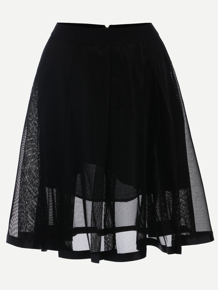 Romwe Mesh Overlay Midi Skirt - Black