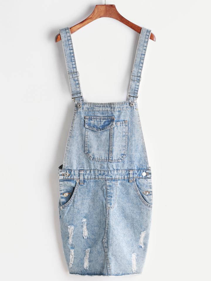 Romwe Blue Ripped Raw Hem Denim Overall Dress With Pockets