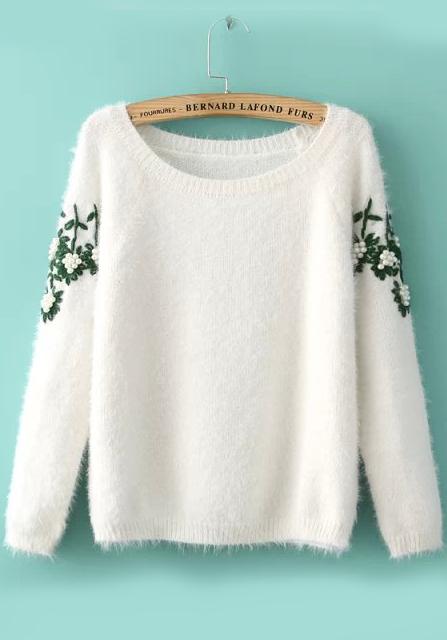 Romwe Embroidered Bead Mohair White Sweater