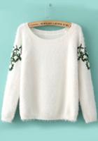 Romwe Embroidered Bead Mohair White Sweater