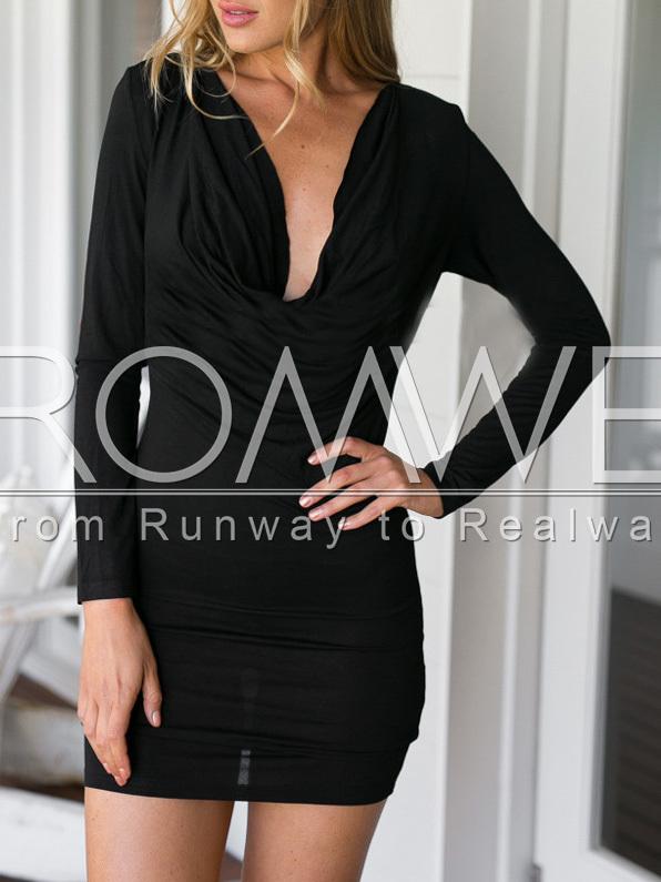 Romwe Black Long Sleeve V Neck Bodycon Dress