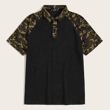 Romwe Guys Camo Raglan Sleeve Polo Shirt