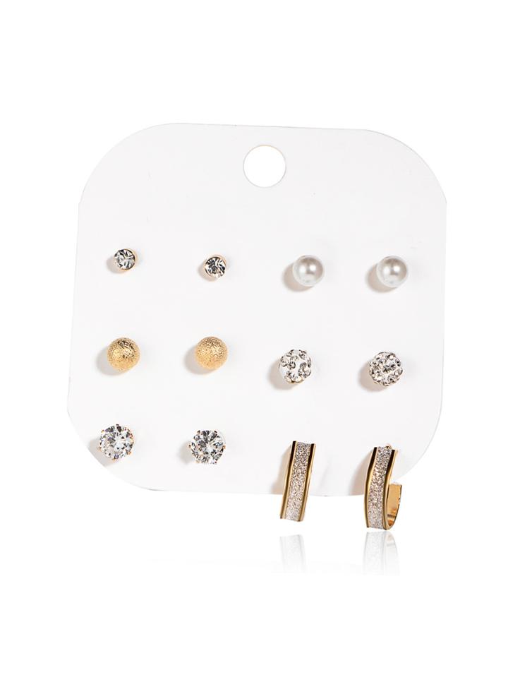 Romwe Faux Pearl & Rhinestone Design Stud Earring Set