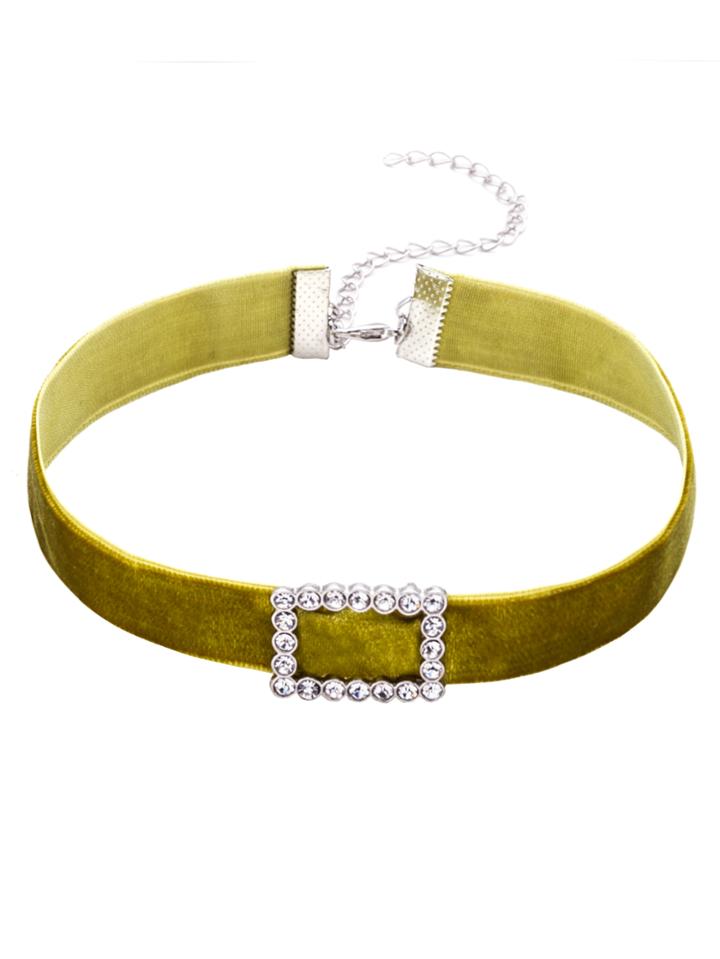 Romwe Green Velvet Rectangle Rhinestone Choker Necklace