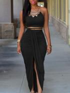 Romwe Black Crop Cami Top With Draped Skirt