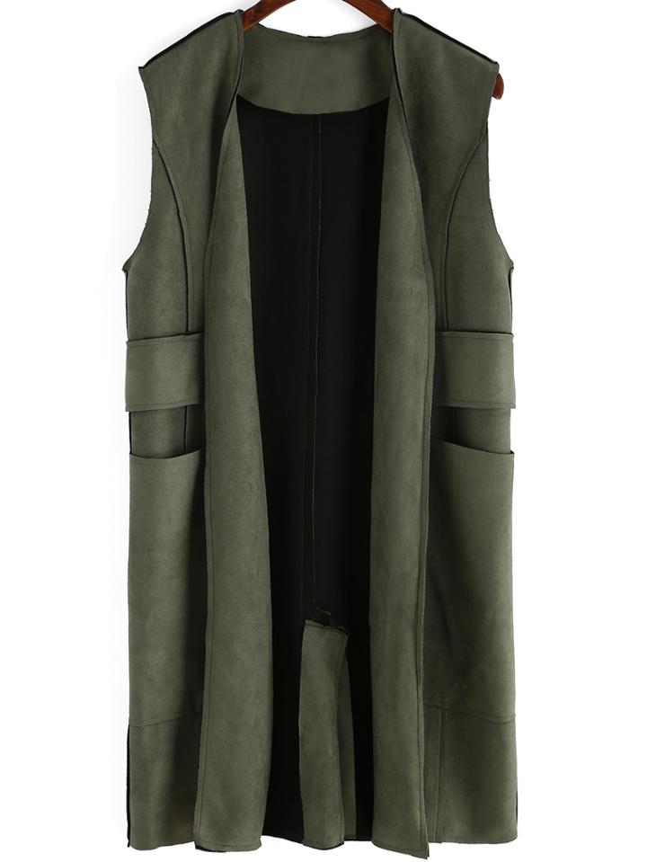 Romwe Sleeveless Pockets Split Vest