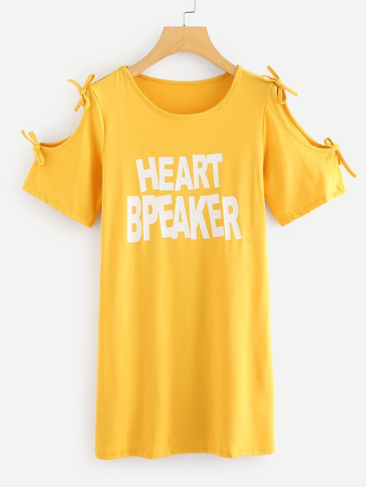Romwe Cold Shoulder Bow Tie Slogan Tee