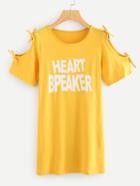 Romwe Cold Shoulder Bow Tie Slogan Tee
