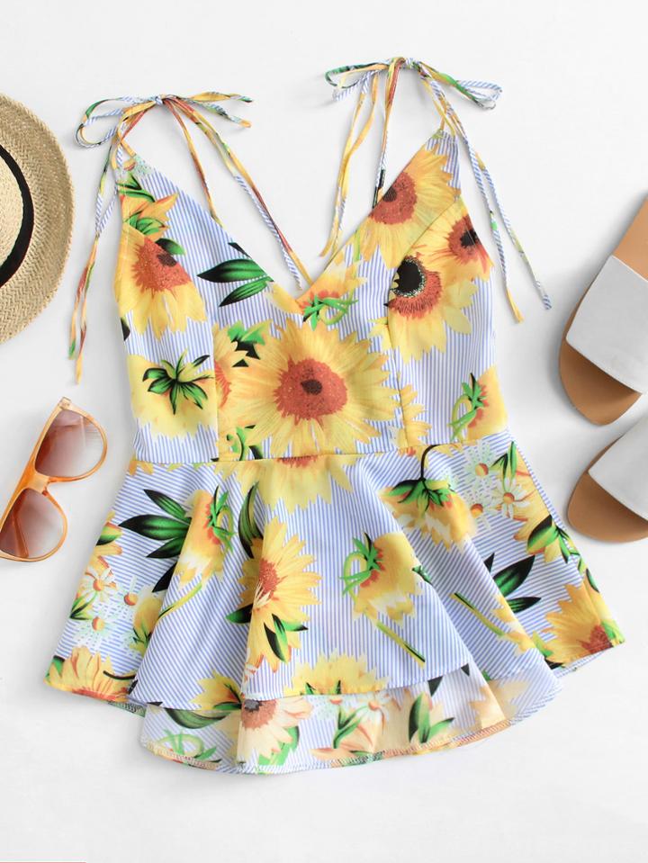 Romwe Sunflower Print Knot Shoulder Cami Top