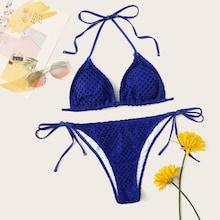 Romwe Fishnet Triangle Top With Tie Side Bikini Set