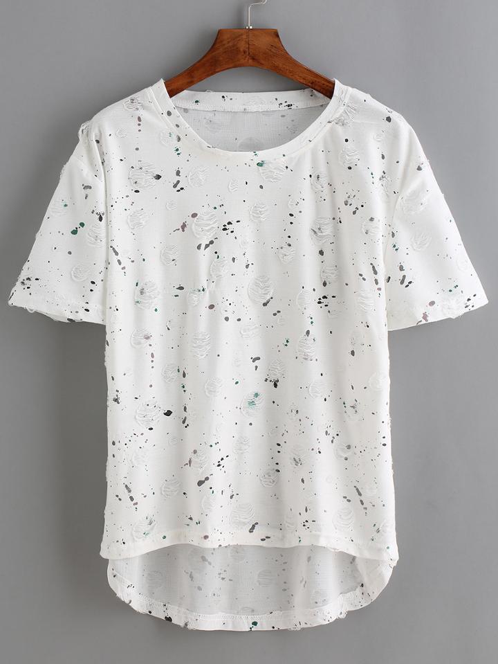 Romwe High Low Speckled Print Ripped T-shirt