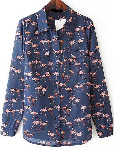 Romwe Navy Lapel Long Sleeve Flamingo Print Blouse