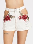 Romwe Rose Embroidered Patch Cut Out Fray Trim Ripped Shorts