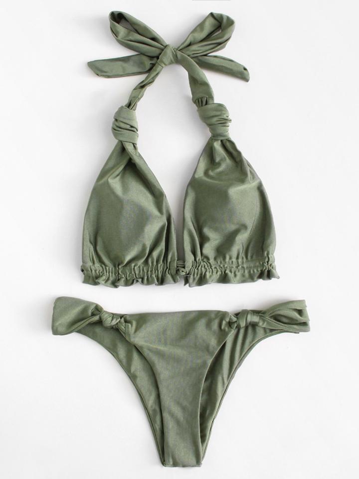 Romwe Knot Halter Bikini Set