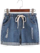 Romwe Drawstring Cuffed Ripped Denim Shorts