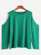 Romwe Green Open Shoulder Loose T-shirt