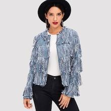 Romwe Open Front Tiered Fringe Tweed Coat