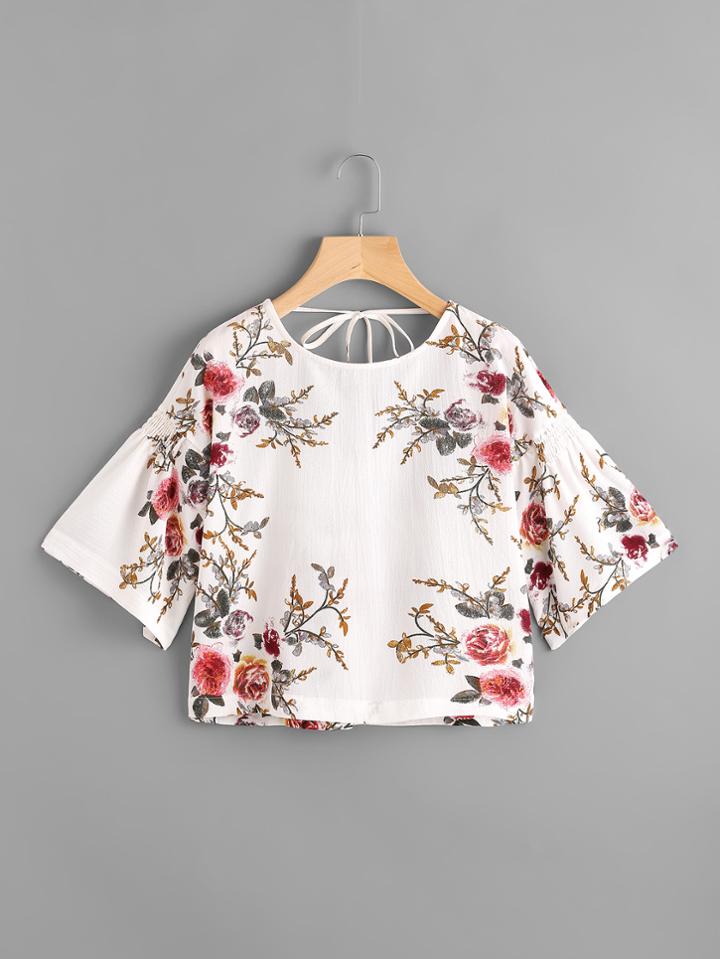 Romwe Floral Print Random Self Tie Back Blouse