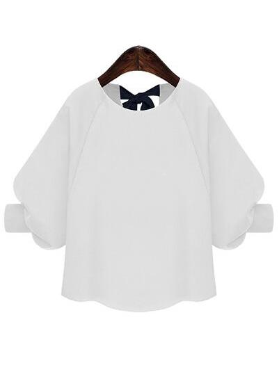 Romwe Dropped Shoulder Seam Elbow Sleeve Bow White Blouse