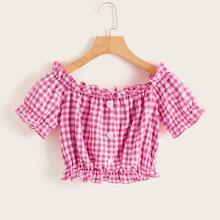 Romwe Gingham Ruffle Trim Button Front Crop Top