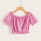Romwe Gingham Ruffle Trim Button Front Crop Top