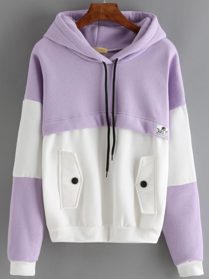 Romwe Color-block Hooded Drawstring Sweatshirt With Pocket