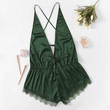 Romwe Plus Criss Cross Lace Trim Satin Romper