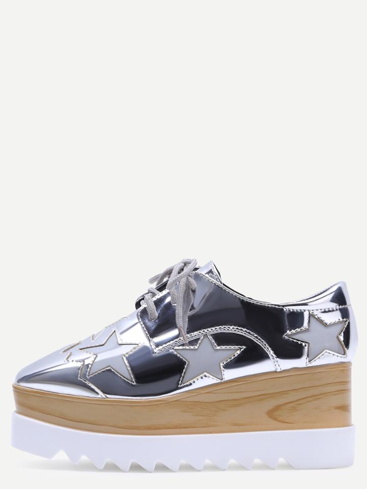Romwe Silver Square Toe Star Patch Wedge Oxfords