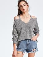 Romwe Grey Marled Knit Cold Shoulder High Low T-shirt