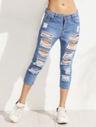 Romwe Blue Ripped 3/4 Length Jeans