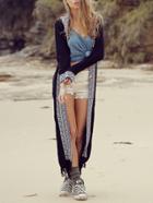 Romwe Geometric Print Fringe Long Black Coat