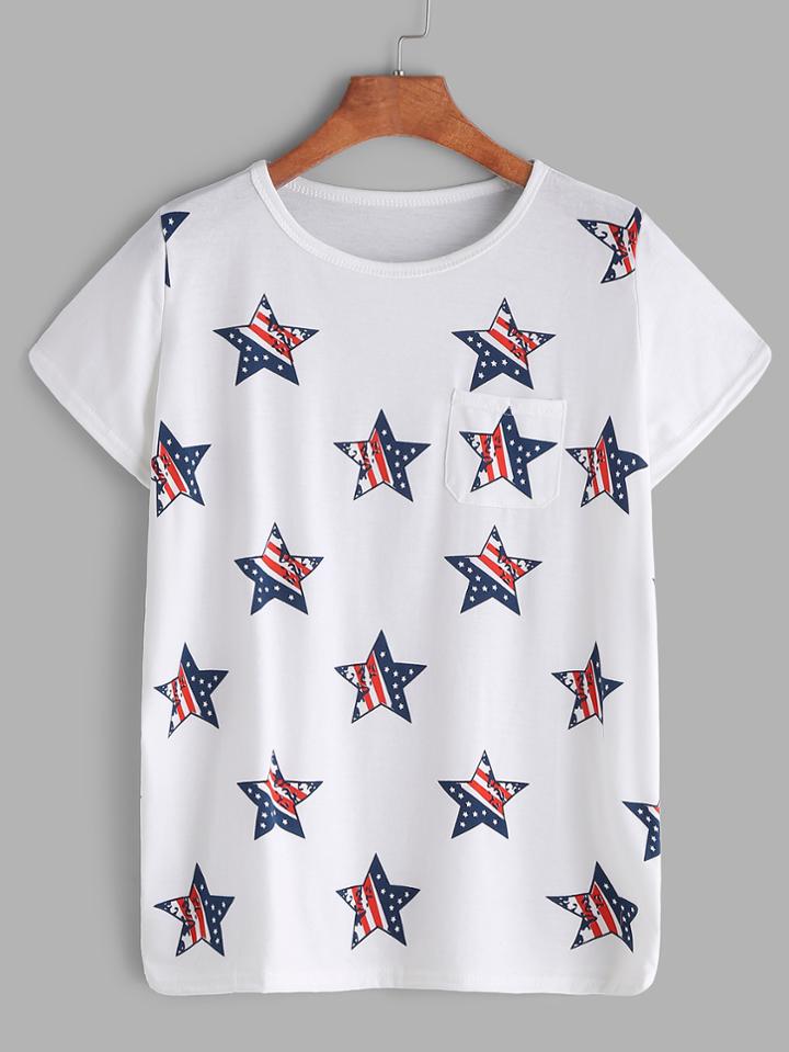 Romwe White Stars Print Pocket T-shirt