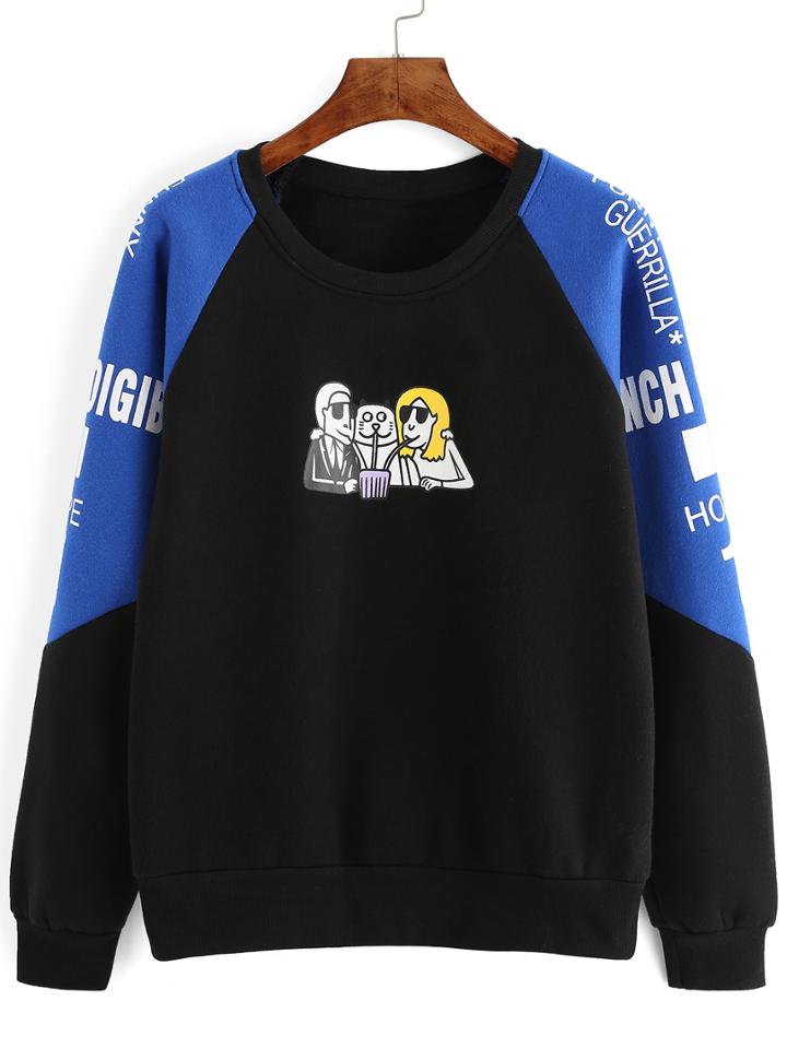 Romwe Raglan Sleeve Cartoon Print Sweatshirt