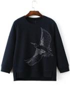 Romwe Navy Eagle Embroidery Dip Hem Quilted Sweatshirt