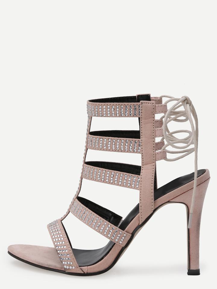 Romwe Apricot Rhinestone Encrusted Lace-up Sandals