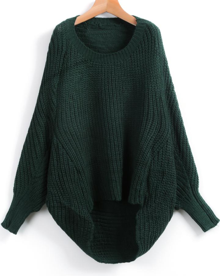 Romwe Dipped Hem Loose Green Sweater