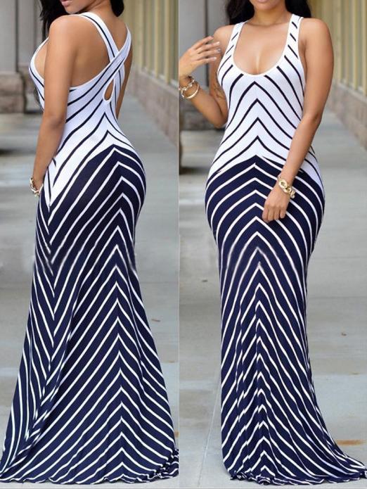 Romwe Contrast Chevron Print Crossover Back Maxi Tank Dress