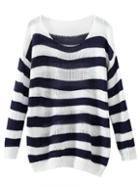 Romwe Contrast Striped Ribbed Trim Slouchy Sweater