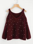 Romwe Deep V Neck Cold Shoulder Pearl Beaded Sweater