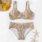 Romwe Random Leaf Print Top With Seam Trim Bikini Set