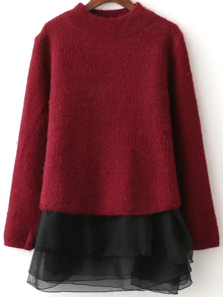 Romwe Burgundy Crew Neck Sweater With Layered Tank Dress