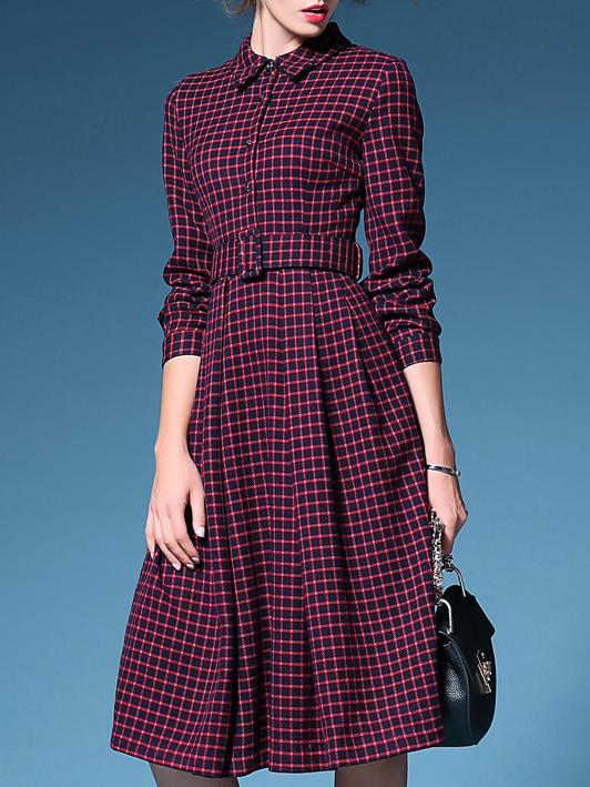 Romwe Red Lapel Long Sleeve Check Print Drawstring Dress