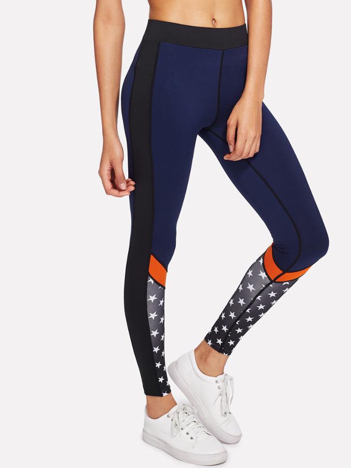 Romwe Cut & Sew Panel Stars Print Leggings