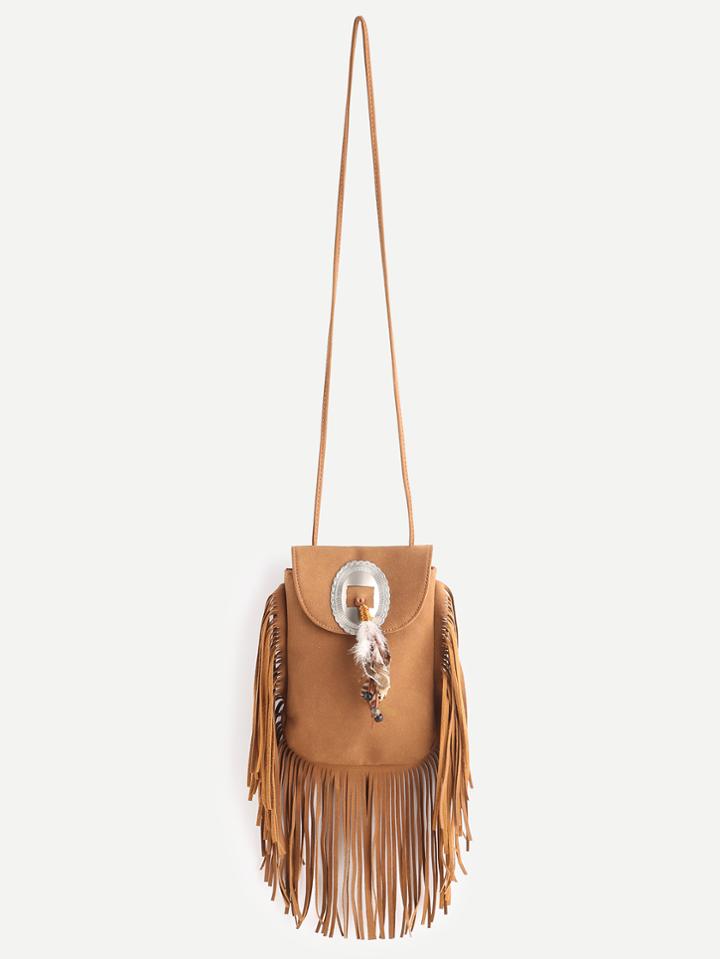Romwe Khaki Feather Design Crossbody Bag With Fringe