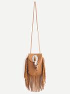 Romwe Khaki Feather Design Crossbody Bag With Fringe