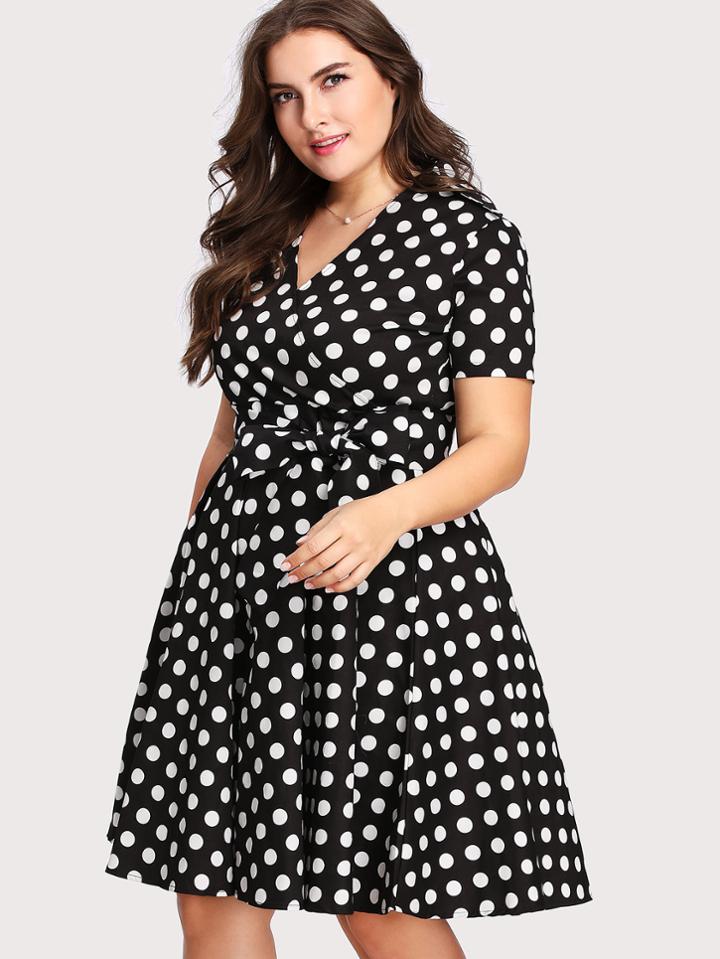 Romwe Self Tie Spot Surplice Dress