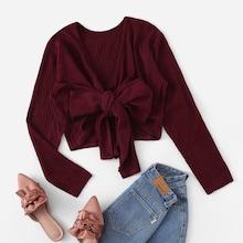 Romwe Knot Front V Neck Solid Crop Sweater