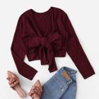 Romwe Knot Front V Neck Solid Crop Sweater